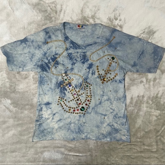 Vintage 80’s Focus Beaded Jeweled Anchor Tie Died Short Sleeve T-Shirt - Picture 1 of 16